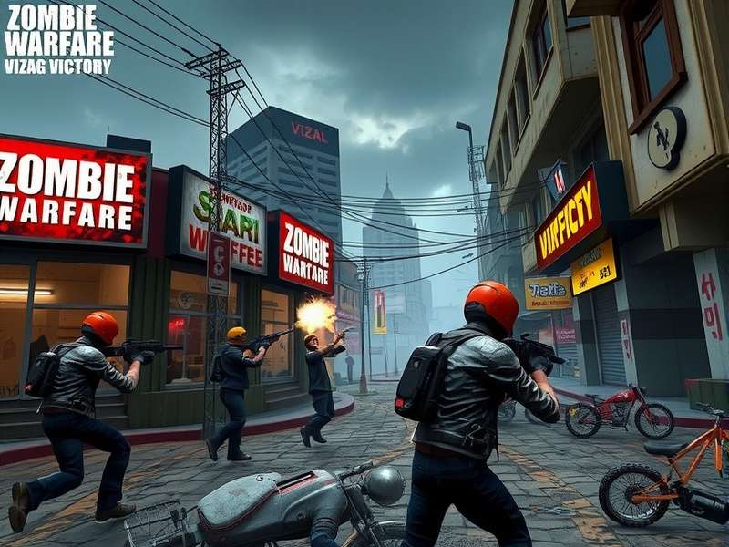 Zombie Warfare Vizag Victory gameplay screenshot showing players fighting zombies in Vizag streets